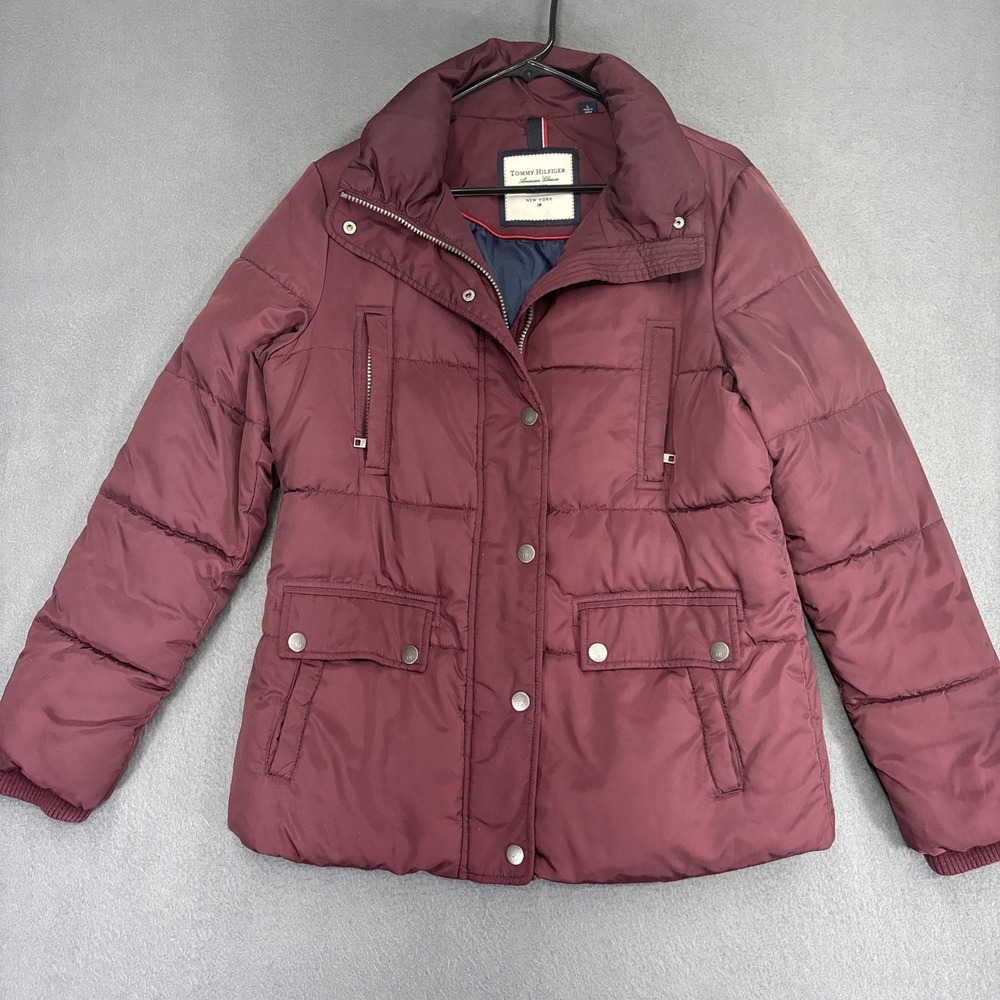 Tommy Hilfiger Womens Large Puffer Jacket Coat Burgundy Maroon American Classic